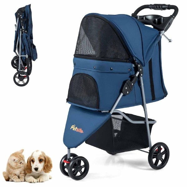 Costway Pet Stroller Pram One-click Folding Dog Cat Carrier 3 Wheel Large Travel Cage Pushchair Trailer w/Basket Blue