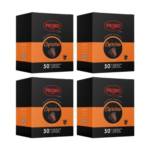 4x 50PK Primo Caffe Coffee Pods Nespresso Compatible Strong Espresso Intensity 8