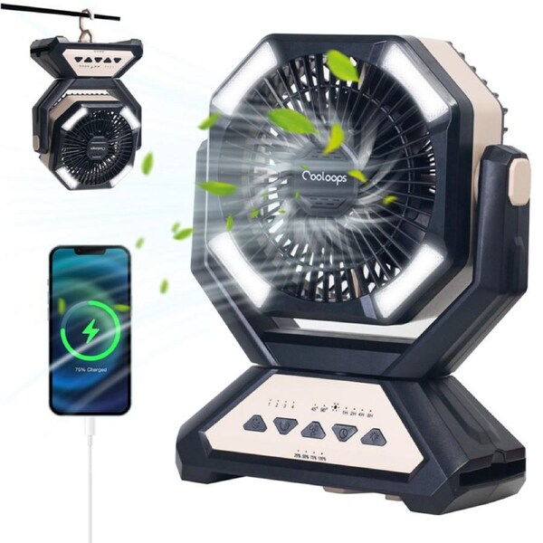 Catzon 20000mAh Portable Camping Fan Rechargeable Battery with LED Light Hook 4 Timers Desk Fans for Office-Khaki