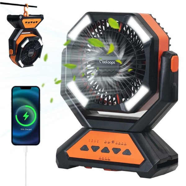 Catzon 20000mAh Portable Camping Fan Rechargeable Battery with LED Light Hook 4 Timers Desk Fans for Office-Orange