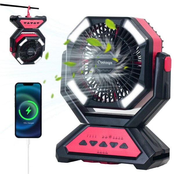 Catzon 20000mAh Portable Camping Fan Rechargeable Battery with LED Light Hook 4 Timers Desk Fans for Office-Pink