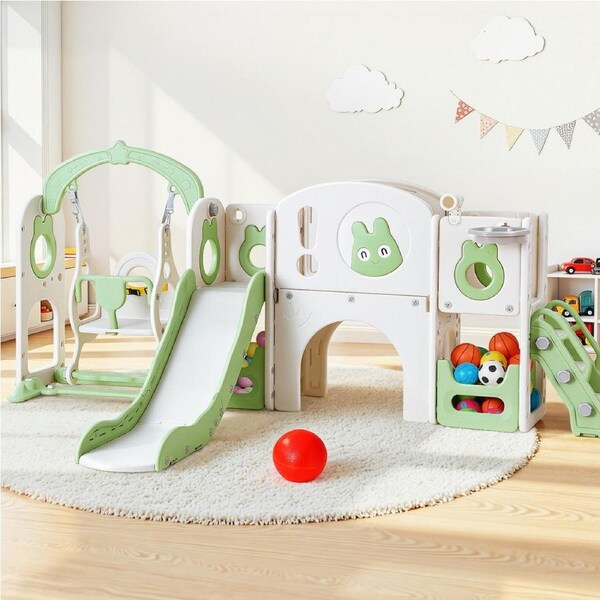 140cm Keezi Kids Slide Swing Set Ball Hoop Rings Football Outdoor Toys Green