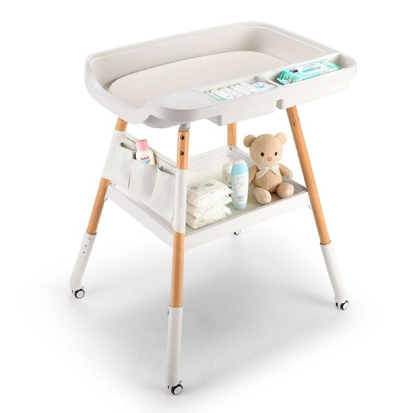 PlayPals Baby Changing Table w/ Wheels Adjustable Height Stable Beech Wood Diaper Change