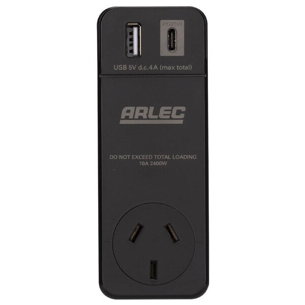 Arlec DA36PD20 Power Adaptor with PD20W USB and 180 Degree Rotating Socket Black