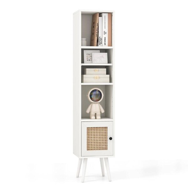 Giantex Bookshelf Slim Tall Rattan Storage Cabinet w/Door Adjustable Shelf Solid Wood Legs