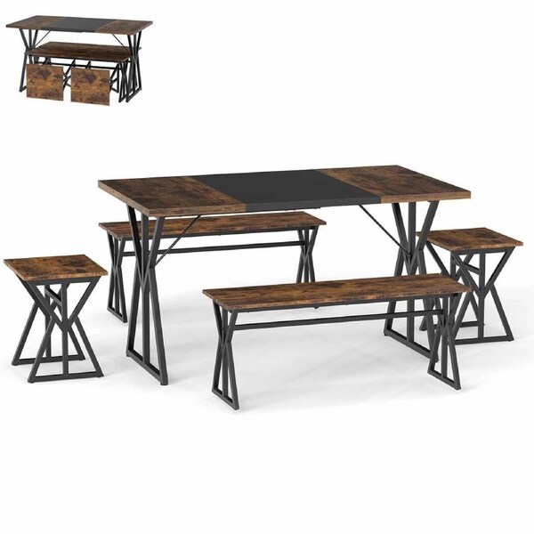 Giantex 5-Piece Dining Set Industrial Rectangular Kitchen Table w/2 Stools Metal Frame & 2 Benches