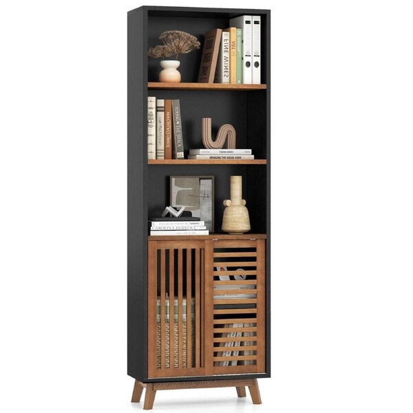 Giantex 5-Tier Bookshelf w/Adjustable Shelf Sliding Doors Solid Wood Legs Bookcase Anti-Tipping