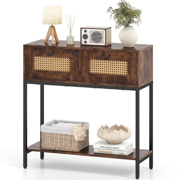 Giantex 80cm Wooden Hallway Sofa Table 2-Tier Boho Console Table w/2 Rattan Drawer Brown
