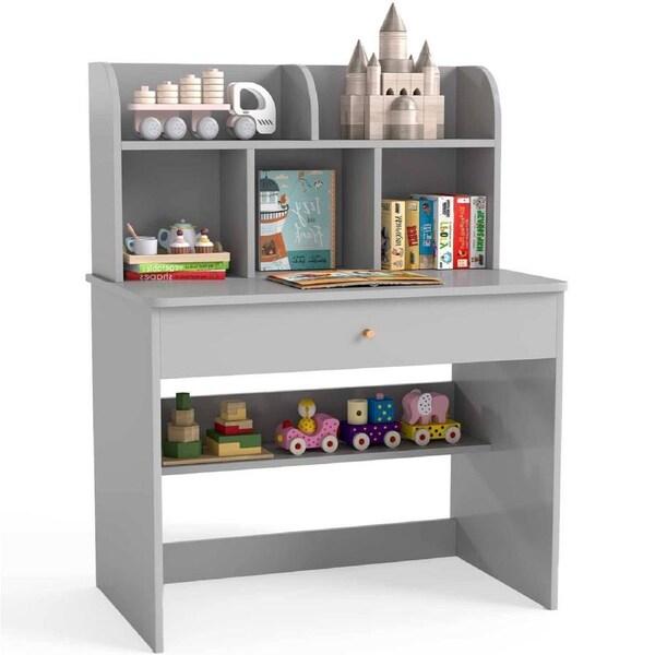 Babyjoy Study Desk Writing Table Students Learning Desk w/Storage Shelf & Drawer Hutch Grey
