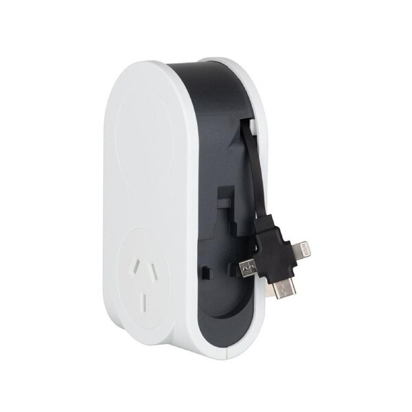 Arlec DA32 Power Adaptor with Retractable 0.8m USB Cable Sleek White&Grey Finish