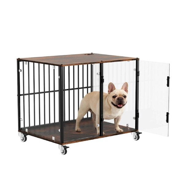 Anti-Bite Glass Indoor Dog Cage - Modern Furniture Style Dog Kennel End Table with Lockable Wheels and Double Doors