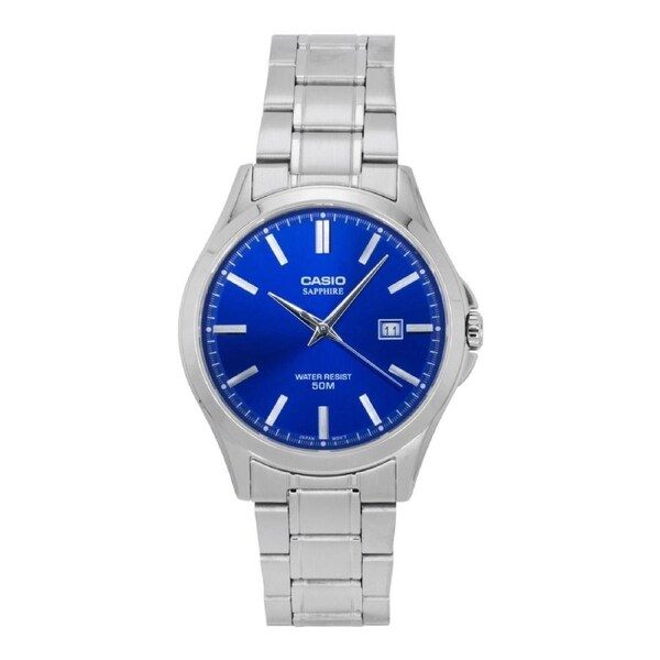 Casio MTS-115D-2A1V Mens Analogue Watch Sapphire Crystal Blue Dial Steel Band