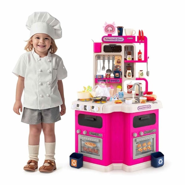 Costway 113pc Kitchen Playset Corner Play Kitchen w/Stove Sink Sound Light Cooking Toy Set Gift Pink