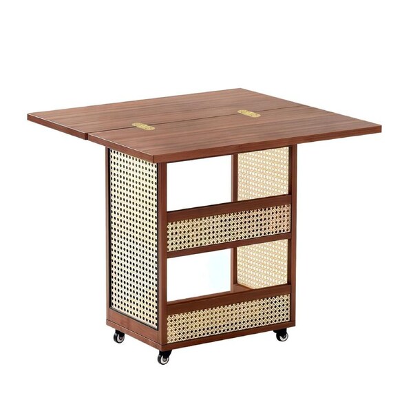 Lauft Mobile Folding Bamboo Wood Kitchen Table w/ Shelves, Rolling Side Table w/ Rattan Style Panels