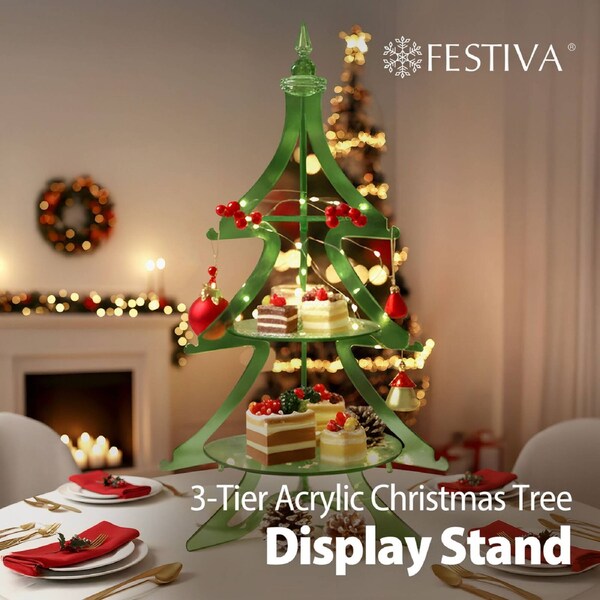 Festiva Green Christmas Acrylic Tree Display Dessert Stand, 120cm 3-Tier Cupcake & Cake Holder