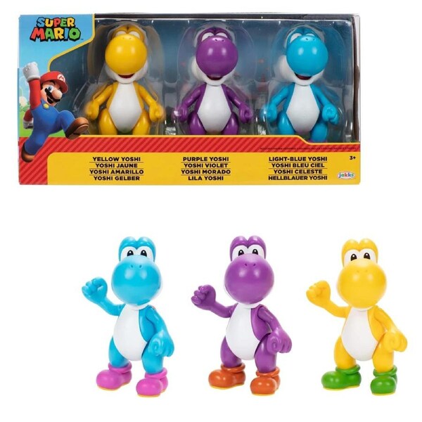 Nintendo Super Mario Yoshi 3-Pack 4-Inch Action Figure Yellow, Purple,Blue Set