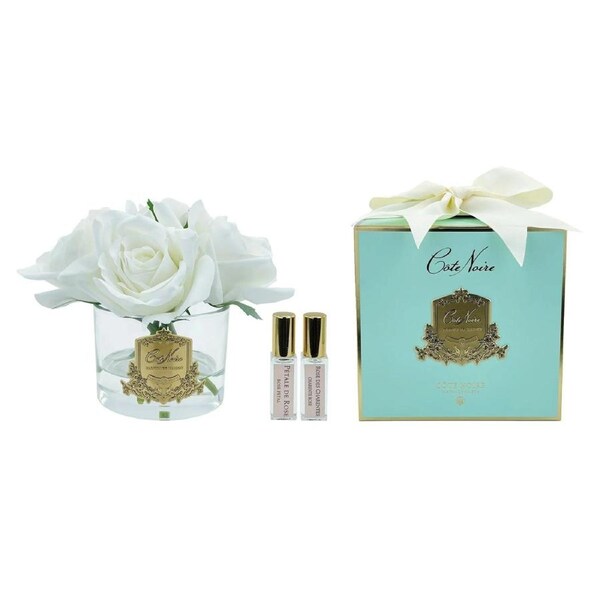Cote Noire Limited Edition 5 Rose Ivory White Perfumed Roses - Clear Glass/Gold Crest