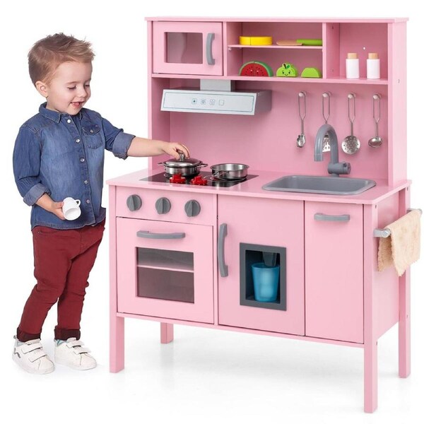 Babyjoy Wooden Pretend Play Kitchen Kitchen Playset w/Microwave Range Hood Stoves Oven Ice Maker Pink