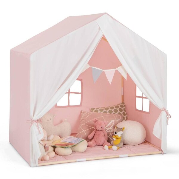 Babyjoy Play Tent w/Cotton Mat Curtains Solid Wood Frame Playhouse Castle Pink
