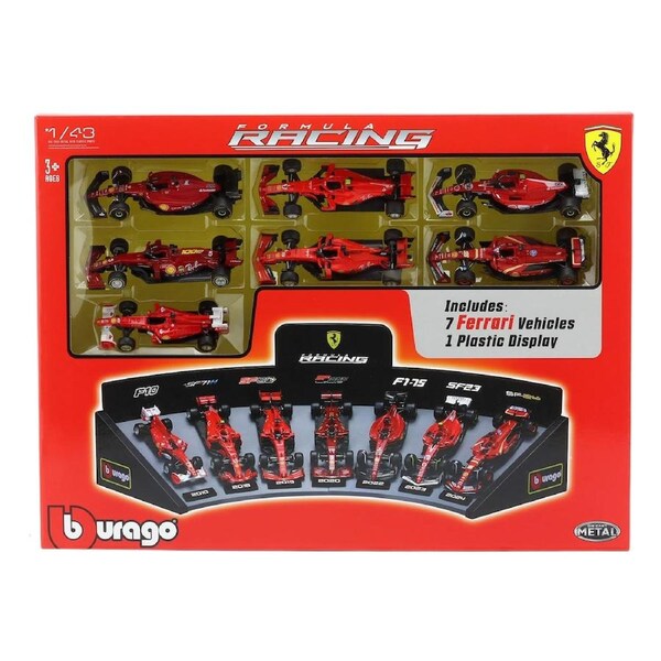 Bburago Formula Racing 1:43 Ferrari 7 Piece Collection with Display Stand Gift Set