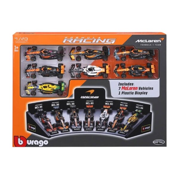Bburago Formula Racing 1:43 Mclaren 7 Piece Collection with Display Stand Gift Set