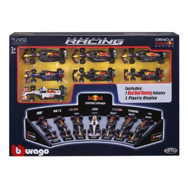 Bburago Formula Racing 1:43 Red Bull 7 Piece Collection with Display Stand Gift Set