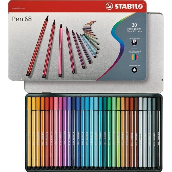 Stabilo 68 Fibre Tip Pens Water-Based 30 Tin Set