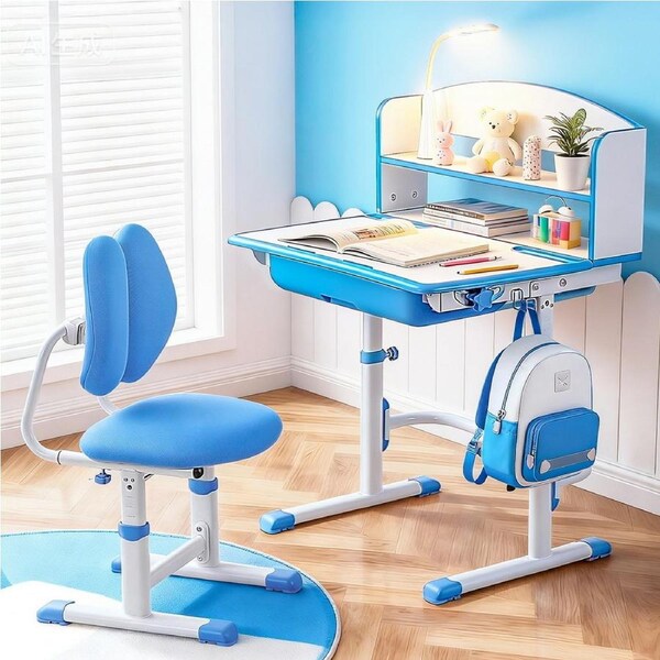 Keezi Kids Study Desk and Chair Set, Height Adjustable Ergonomic Table w/ Tilt Desktop LED Lamp Blue