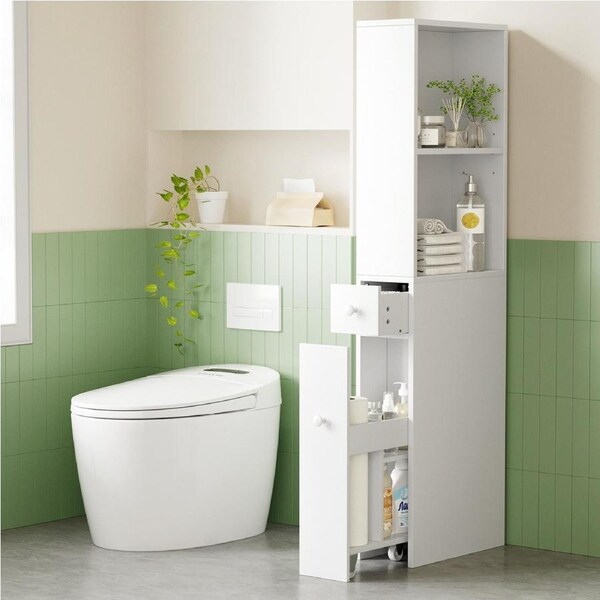 135cm Artiss Bathroom Cabinet Storage Slim Organiser Drawer Toilet Corner White