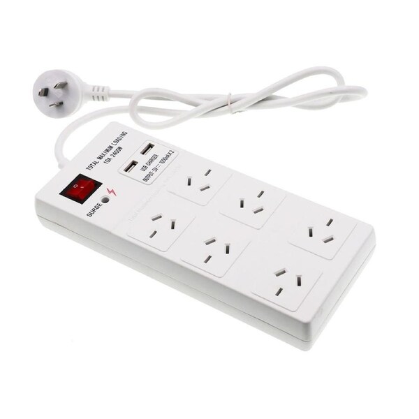 Surge Protector Power Board 6 Outlet 2 USB Port Overload Protection Power Strip With 1M Cable