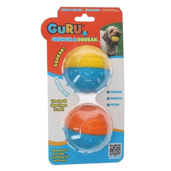 GURU Crunch & Squeak Ball 2Pk - 6.9Cm - Durable, Fun & Enriching Play Toy for Dogs