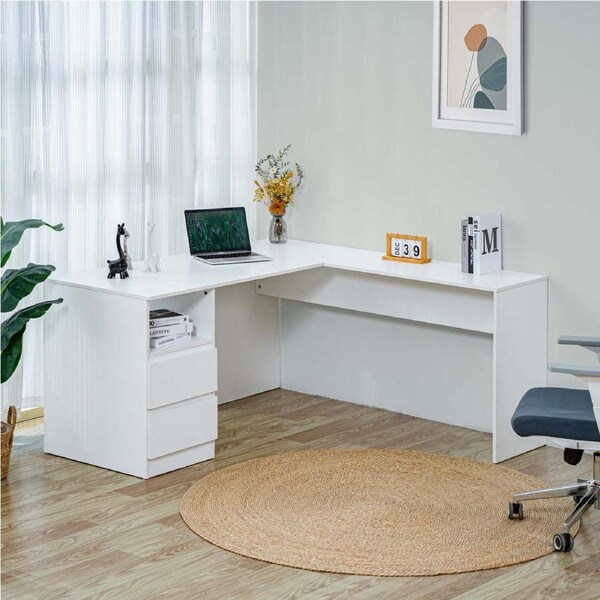 150cm Wooden Computer Table Corner Desk Laptop Study Desk Storage Cabinet L-Shaped White