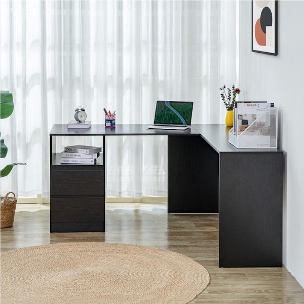 150cm Wooden Computer Table Corner Desk Laptop Study Desk Storage Cabinet L-Shaped Black