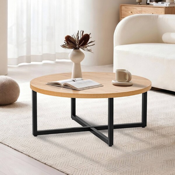 90CM Coffee Table Round Side End Tables Sofa Cafe Desk Metal Wooden Natural