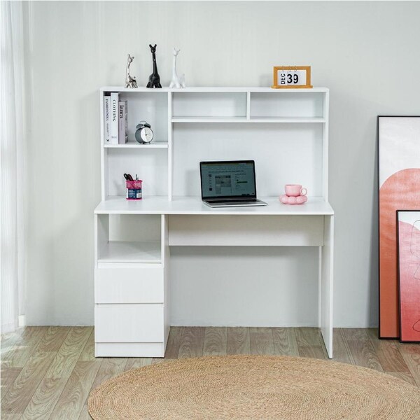 2 Drawers Wooden Computer Table Desk with Hutch Laptop Study Desk Storage Shelf Cabinet White