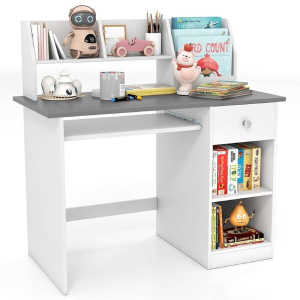Giantex Students Learning Desk Kids Study Desk Writing Table w/Drawer Bookshelf Keyboard Tray Grey