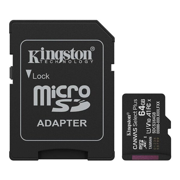 Kingston Canvas Select Plus 64GB 100MB/s MicroSD Card with Adapter (SDCS3/64GB)