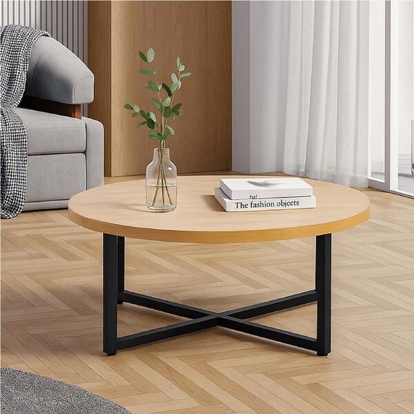 ACA Round Coffee Table Side End Table Metal Wooden Natural 90CM
