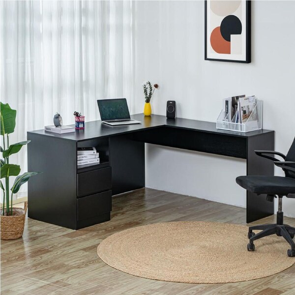 ACA Computer Corner Desk Writing Workstation 2 Drawer Cabinet Home Office 150cm Black