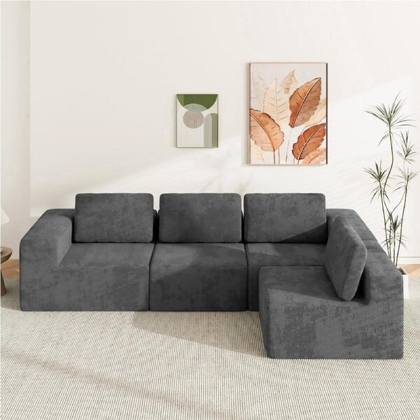Advwin 4 Seater Sofa 340cm Chenille Modular L Shape Sofa Compressed Foam Couch No Assembly Grey