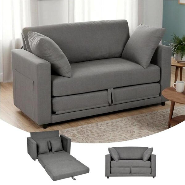 Advwin 2 in 1 Convertible Sofa Bed 130cm Folding Loveseat Sleeper Fold Out Linen Floor Couch with Side Pocket & Pillows Grey