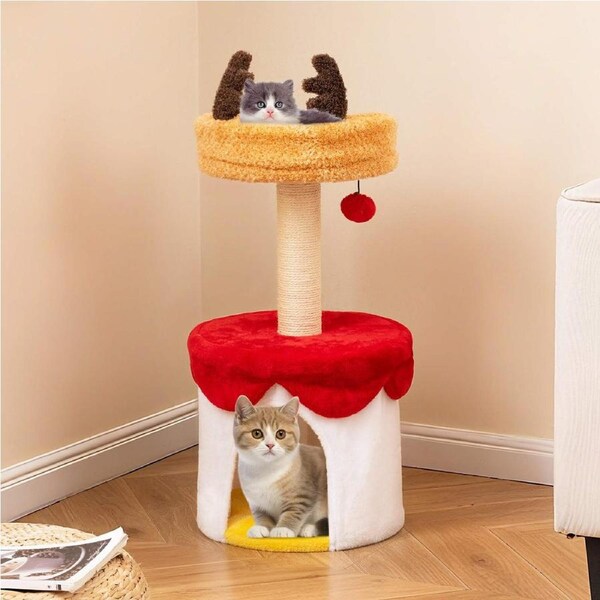 Costway 80cm Christmas Cat Tree Modern Cat Tower w/Perch & Condo Climbing Tree Xmas Gift Pet Indoor Furniture