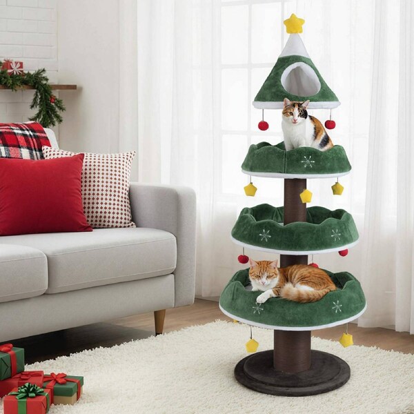 Costway 179cm Christmas Cat Tree Plush Cat Tower w/Perch Scratching Posts Xmas Gift Multi-Level Pet Indoor Furniture