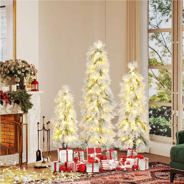 Costway 3-Pieces Artificial Christmas Tree Set Pre-lit Xmas Trees w/Snow-flocked Branch Tips Warm White LED Lights