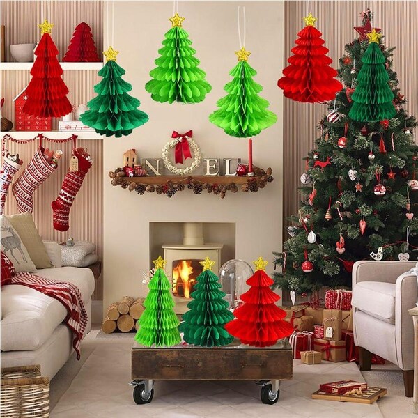 9 Pack Christmas Honeycomb Paper Tree 3d Paper Hanging Xmas Tree Decorations