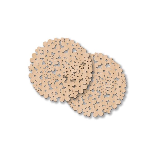 2pc Nord Deco Wooden Coaster Kitchen Table Decor Set Flowers 10x10x0.3cm