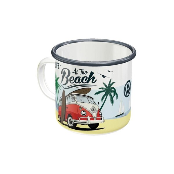 Nostalgic-Art Enamel Coffee Mug VW Bulli Beach Theme Design 360ml 8x8cm