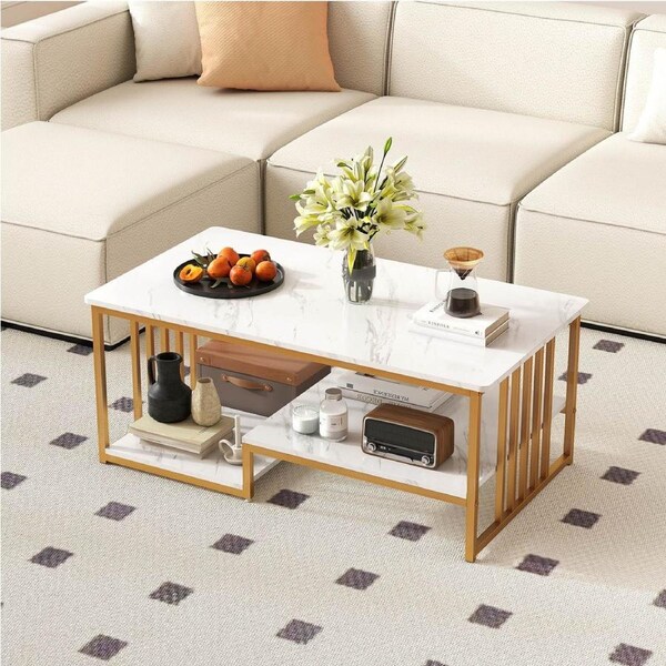Costway 2-Tier Coffee Table Square End Metal Center Tea Table Side Table w/Storage Shelves Living Room White