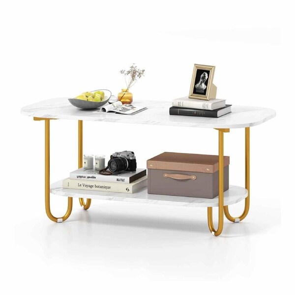 Costway 2-Tier Faux Marble Coffee Table Metal Side Table w/Rounded Corners Storage Shelf White