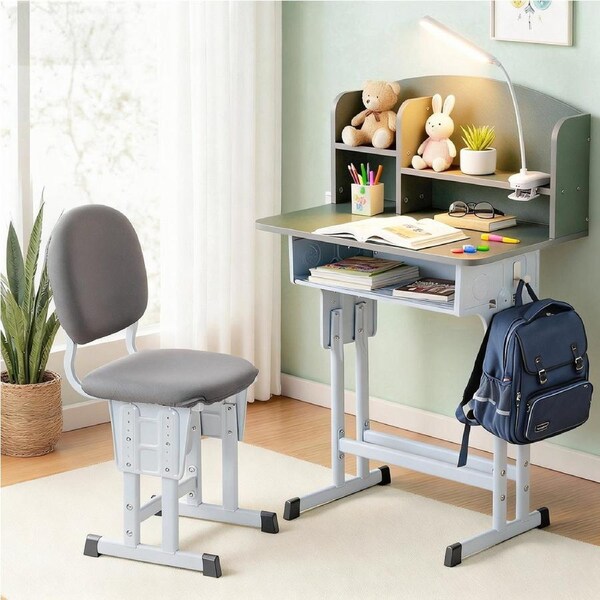 Keezi Kids Study Desk and Chair Set, Height Adjustable Ergonomic Table with LED Lamp, Green